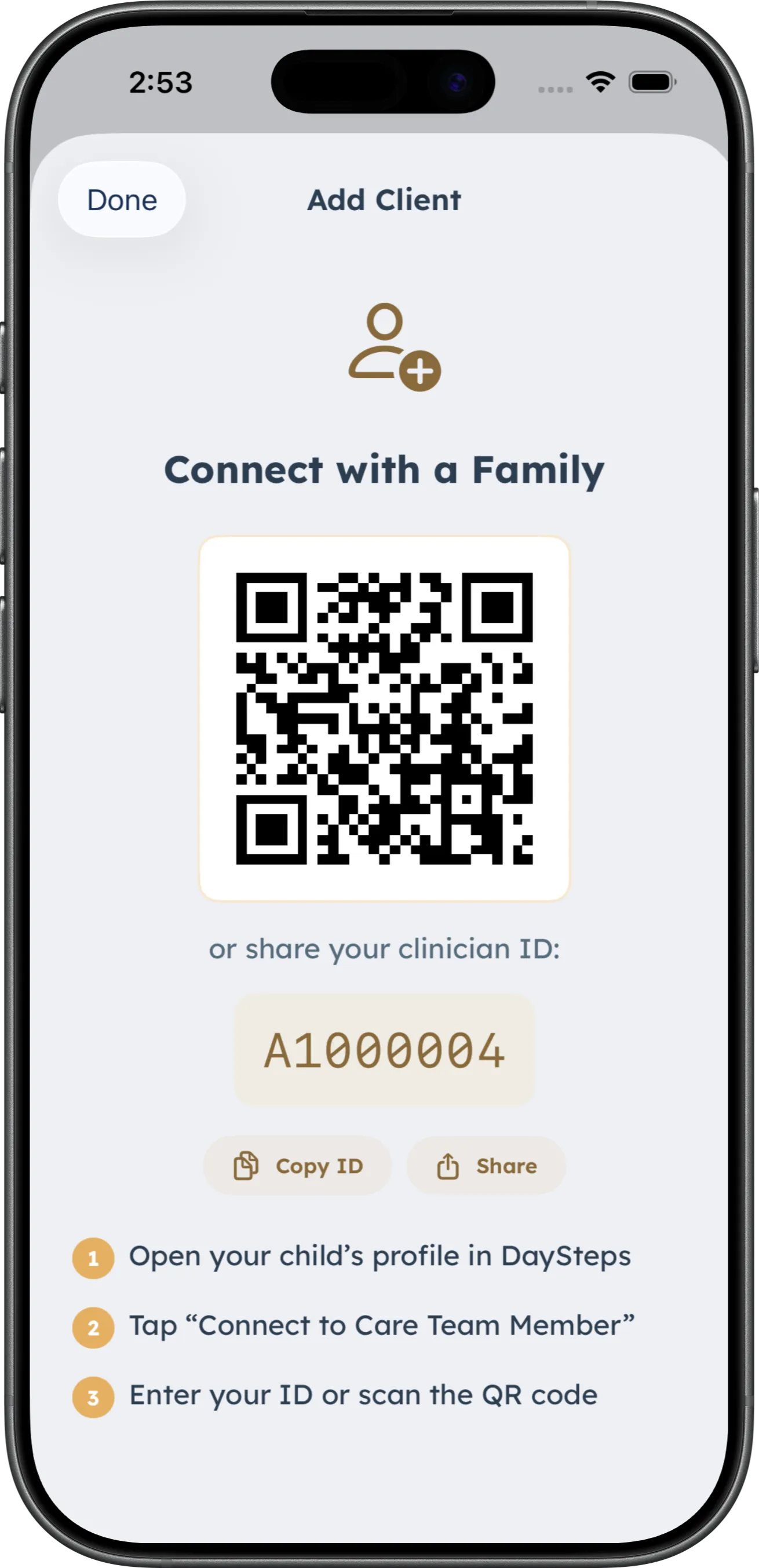 DaySteps clinician invite flow showing a shared family connection code