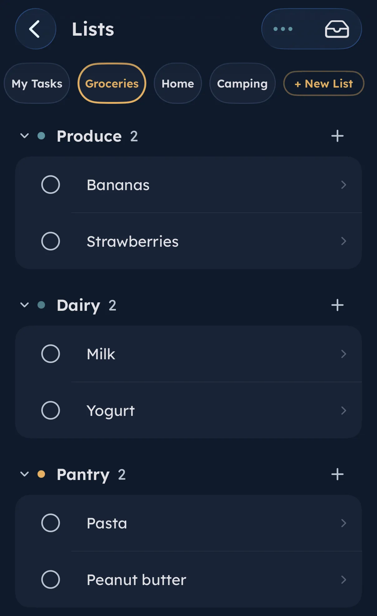 A DaySteps Groceries list in dark mode, grouped into Produce, Dairy, and Pantry