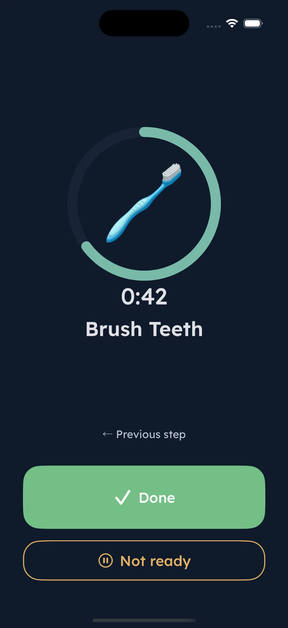 The DaySteps guided routine runner on an iPhone, showing a single step at a time