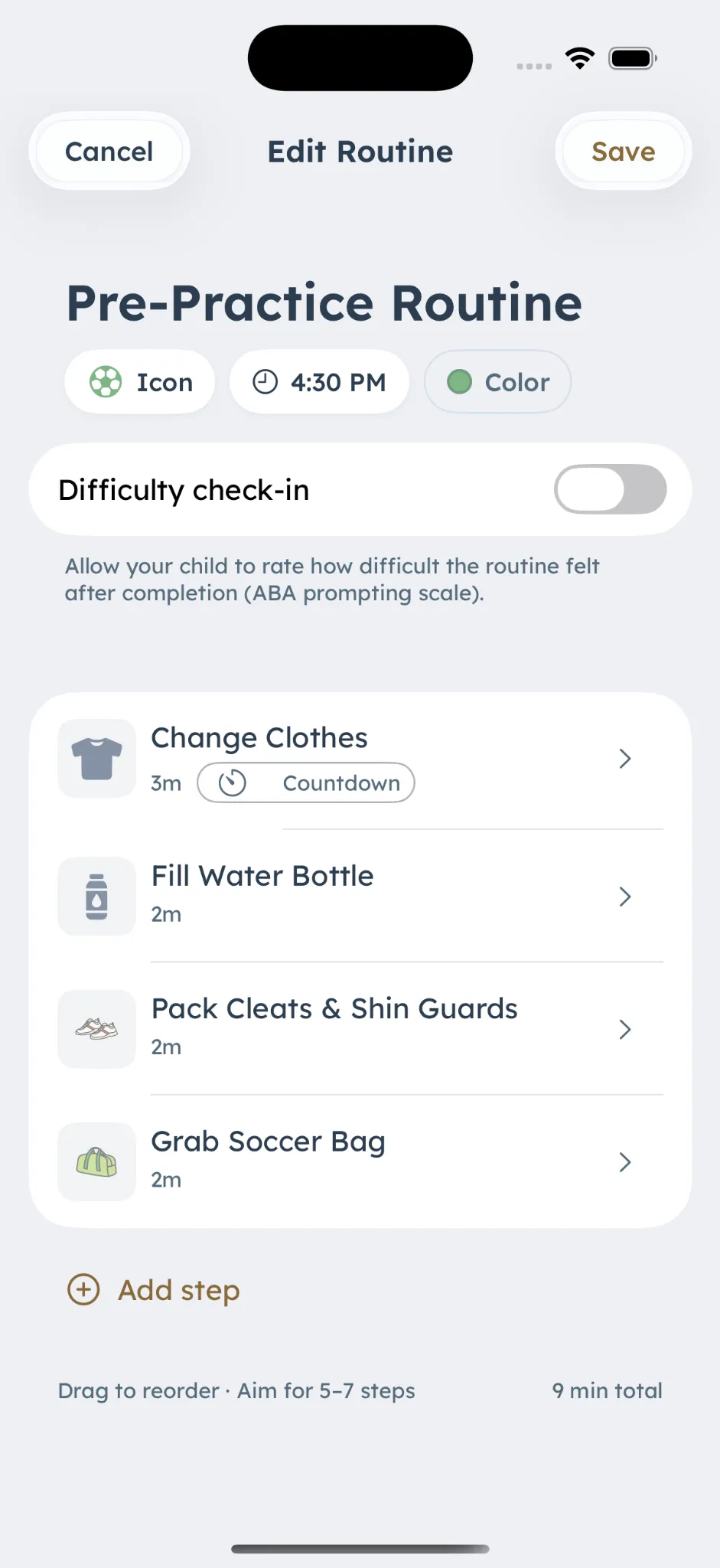 The DaySteps routine builder on an iPhone, with the steps of a routine listed in order