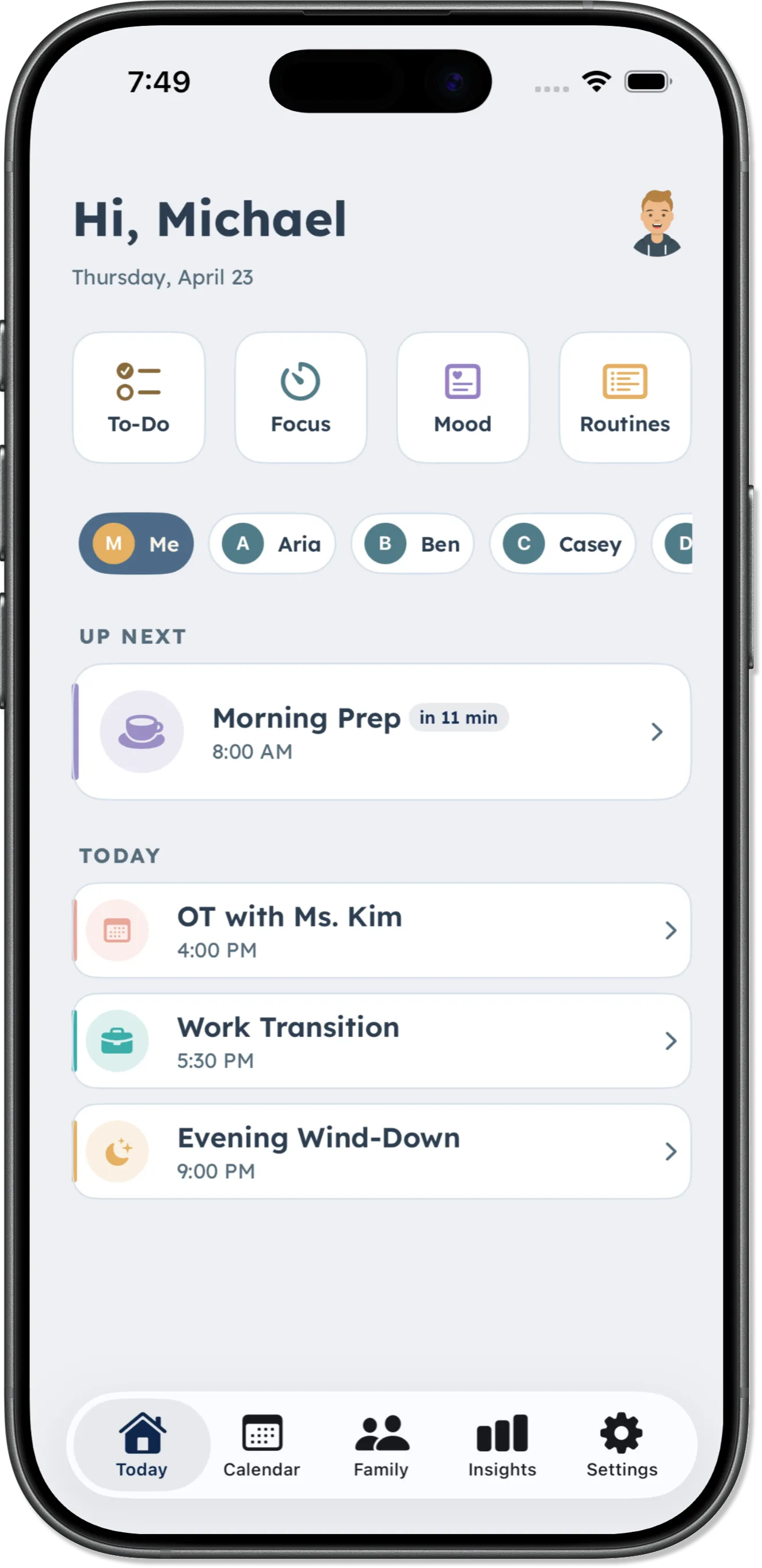 DaySteps day overview showing what's next and what's now