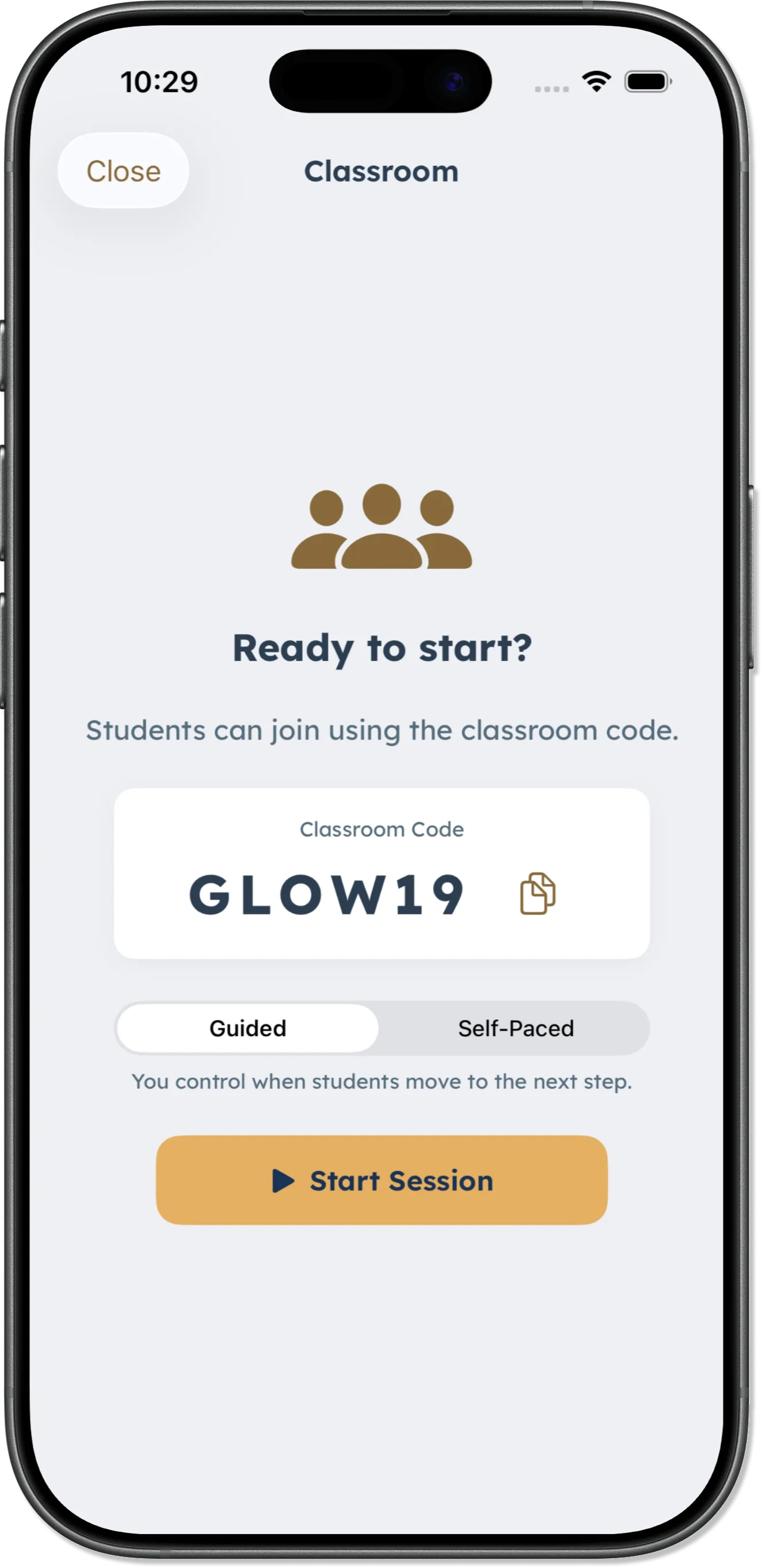 DaySteps student join flow on a classroom device using a short code